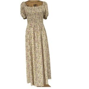 Pie in the Sky Plus Size 2X Maxi Dress Khaki Floral Babydoll Smocked Puffed